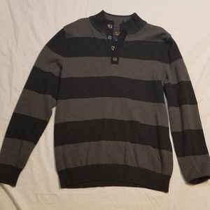 Club room striped sweater, button neck, black gray
